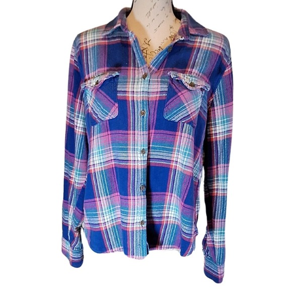 American Eagle Outfitters Tops - American Eagle Favorite Fit Y2K Womens Flannel XL Blue Pink Plaid Soft Grunge